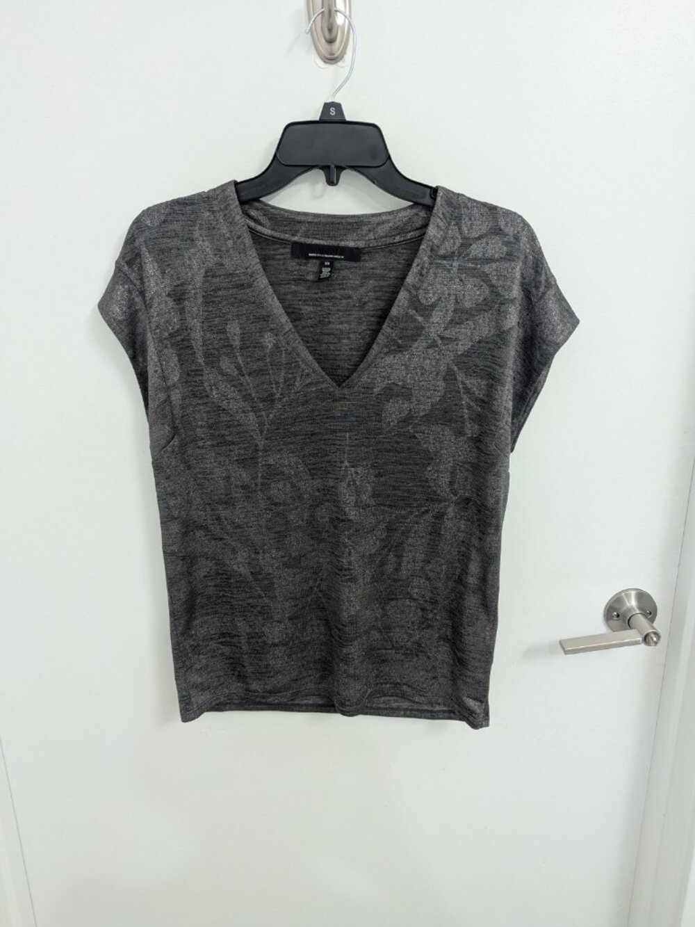 WHBM Floral Shimmer V-Neck Cap Sleeve Semi-Sheer Top Gray XS